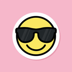 smiling face with sunglasses emoji sticker, black outline, cute sticker on pink background, groovy aesthetic, vector design element