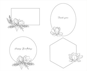 Vector set of elegant geometric frames decorated by eucalyptus and greenery branches, hand drawn wedding card design, botanical borders, hand drawn line art floral illustration - 757893165