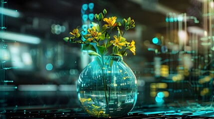 Futuristic Flower Vase, Suitable for Tech and Nature Concept Pieces, merging technology and botany for a modern twist. - obrazy, fototapety, plakaty
