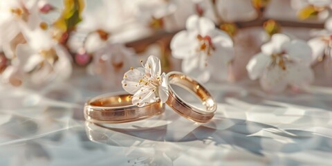 Two golden wedding rings nestled among delicate cherry blossoms on a reflective surface, symbolizing spring and matrimony.
