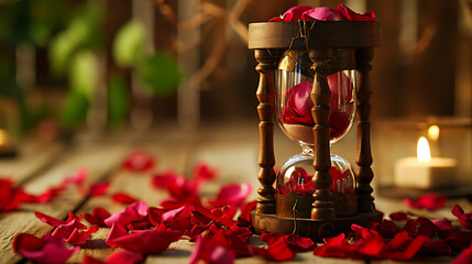 A vintage-style hourglass with rose petals instead of sand, illustrating the gentle passage of time in matters of the heart - obrazy, fototapety, plakaty