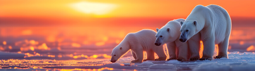 Polar bear family in the arctic region with setting sun shining. Group of wild animals in nature. - obrazy, fototapety, plakaty