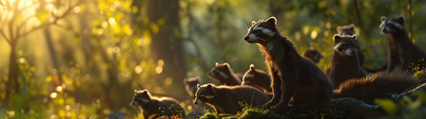 Polecat family in the forest with setting sun shining. Group of wild animals in nature. Horizontal,...