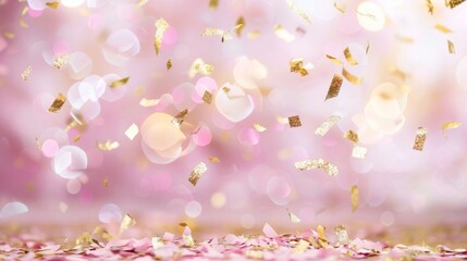 Obraz na płótnie Canvas A festive background with glittering pink confetti falling gently, conveying celebration and joy.