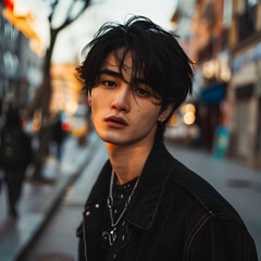 Fototapeta premium Handsome Asian Man Standing on the Sidewalk generative ai