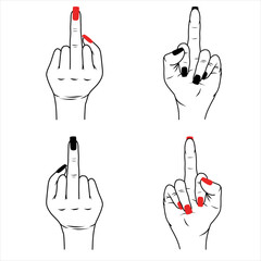 Set of women hands with middle finger up, female hands with red and black polish isolated vector Illustration - 757893512