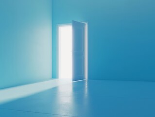 A concept image of an open door with bright light in a blue room symbolizing opportunity, hope, and future.