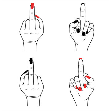 Set of women hands with middle finger up, female hands with red and black polish isolated vector Illustration