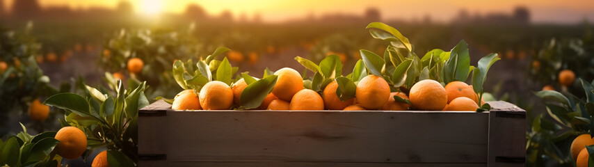 Tangerines harvested in a wooden box with orchard and sunshine in the background. Natural organic fruit abundance. Agriculture, healthy and natural food concept. Horizontal composition, banner. - obrazy, fototapety, plakaty