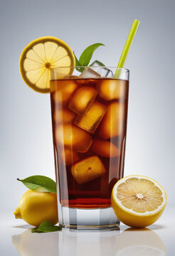 glass of iced tea with lemon isolated on a transparent background