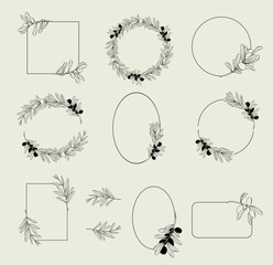 Vector set of elegant geometric frames decorated by olive branches and leaves, hand drawn wedding card design, botanical borders and olive wreaths - 757893922