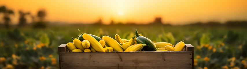 Zucchini harvested in a wooden box with field and sunset in the background. Natural organic fruit abundance. Agriculture, healthy and natural food concept. Horizontal composition, banner. - obrazy, fototapety, plakaty