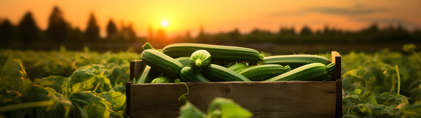 Zucchini harvested in a wooden box with field and sunset in the background. Natural organic fruit abundance. Agriculture, healthy and natural food concept. Horizontal composition, banner.