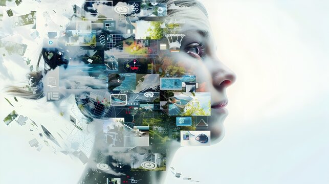 Abstract digital art collage of woman's face with technological elements, futuristic concept image for innovative tech designs.
