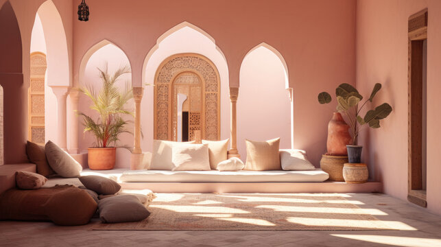 Sunlight in traditional Moroccan interior, ornate archways, peach color