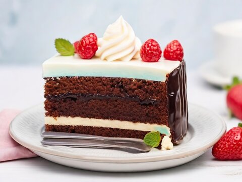 Free  Photo Chocolate cake with cream and berries on a light background Selective focus. 