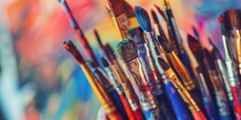 Close-up of assorted paintbrushes against a backdrop of bright, colorful strokes.