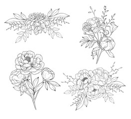 Collection of peony flowers bouquets and flower compositions, hand drawn botanical  line art drawing, vector floral illustration - 757894186