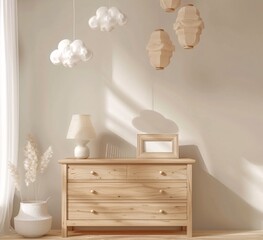 A Cloudy Day in the Woods A White Dresser with Wooden Drawer and Cloud Lamp Generative AI