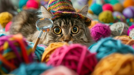 Fototapeta na wymiar photo of a cat caught in a hilarious moment: imagine a fluffy, wide-eyed cat with an oversized detective hat and a magnifying glass, looking bewildered in a sea of colorful yarn balls.