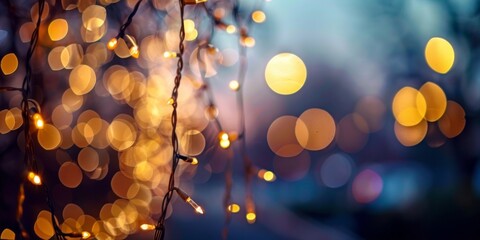 Golden fairy lights creating a dreamy bokeh effect, perfect for festive or romantic settings.