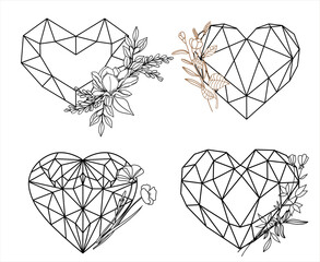 Set of vector geometric hearts in polygon style decorated by wildflowers, geometric floral heart logo, faceted floral heart illustration, design for post card, business card and for valentines day - 757894522