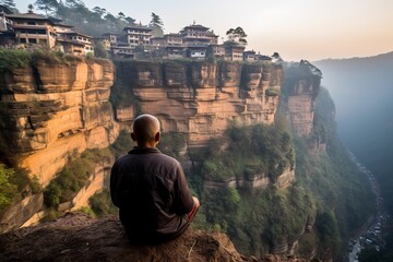 Serene buddhist monk meditating on a rock with scenic buddhist monastery in the background - obrazy, fototapety, plakaty