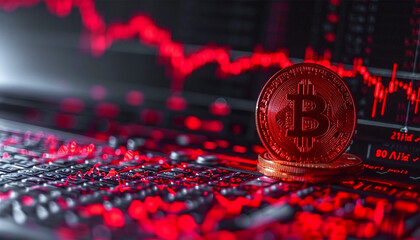 Bitcoin with red chart down. Crypto and Bitcoin cryptocurrency stock trading background concept. Golden bitcoin over many international money coins with abstract trading red market data chart 