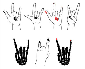 Set of hands in rock n roll sign, women hands with red and black polish, skeleton hand in rock n roll sign, hand drawn vector isolated illustration - 757894702