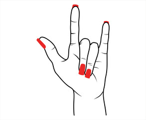 Woman hand with red polish in rock n roll sign, hand drawn vector isolated illustration - 757894713