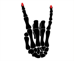 Woman skeleton hand with red polish in rock n roll sign, hand drawn vector isolated illustration - 757894722