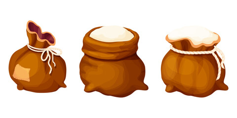 Set sack with flour, wheat powder, open bag with rope farm harvest isolated on white background. Packaging 