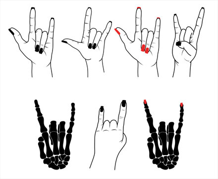 Set of hands in rock n roll sign, women hands with red and black polish, skeleton hand in rock n roll sign, hand drawn vector isolated illustration - Powered by Adobe