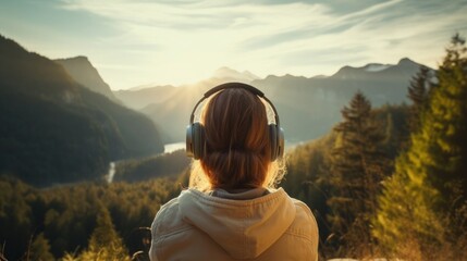Music therapy, harmony, mental health concept. Pretty young woman enjoying music with headphones outdoors. Woman wearing headphones enjoying music and good vibes  - obrazy, fototapety, plakaty