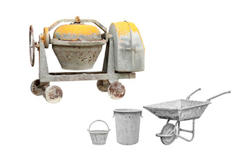  Cement mixer machine and Two pail for about cement work and Trolley for Construction isolated on...