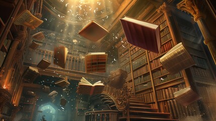 A magical library with floating books 