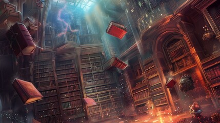 A magical library with floating books and enchanted artifacts