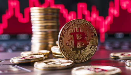 Bitcoin with red chart down. Crypto and Bitcoin cryptocurrency stock trading background concept. Golden bitcoin over many international money coins with abstract trading red market data chart 