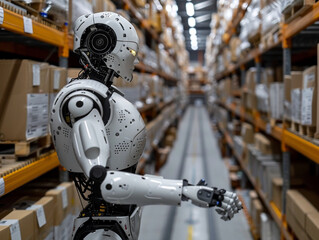 Fototapeta premium A robot is walking through a warehouse with boxes stacked on shelves