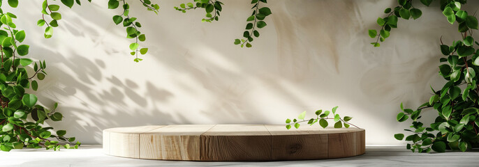Light wood podium adorned with green leaves, white background 
