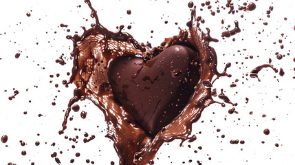 heart shaped chocolate in liquid chocolate splash isolated on transparent background, chocolate explosion cutout 