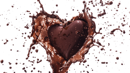 heart shaped chocolate in liquid chocolate splash isolated on transparent background, chocolate explosion cutout 