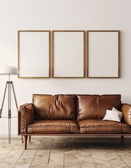 Modern Leather Couch with Wooden Legs and White Pillow Generative AI