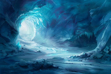 Eisige Entdeckung: Illustration einer geheimnisvollen Eishöhle - obrazy, fototapety, plakaty