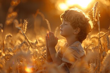 Fototapeta premium Praying in the Sunflowers A Golden Moment Generative AI