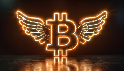 Bitcoin flying with wings. Bitcoin and cryptocurrency investing concept. Bitcoin cryptocurrency gold coin. Trading on the cryptocurrency exchange. Trends in bitcoin exchange rates. Rise and fall  - obrazy, fototapety, plakaty