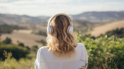 Fototapeta na wymiar Music therapy, harmony, mental health concept. Pretty young woman enjoying music with headphones outdoors. Woman wearing headphones enjoying music and good vibes 