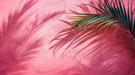 Palm leaf shadows on pink wall, minimalist abstract background 