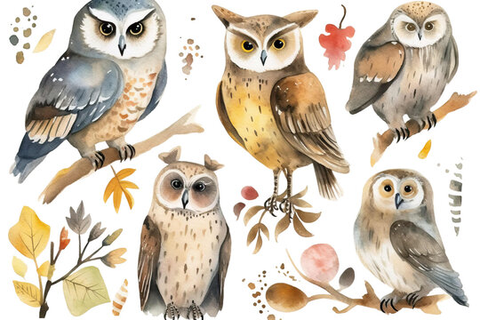 set Watercolor fferent Owls owls