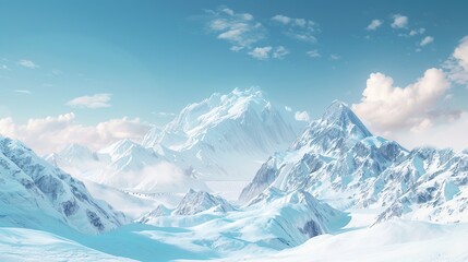Fototapeta na wymiar Majestic snow-capped peaks pierce a clear blue sky in this panoramic winter landscape